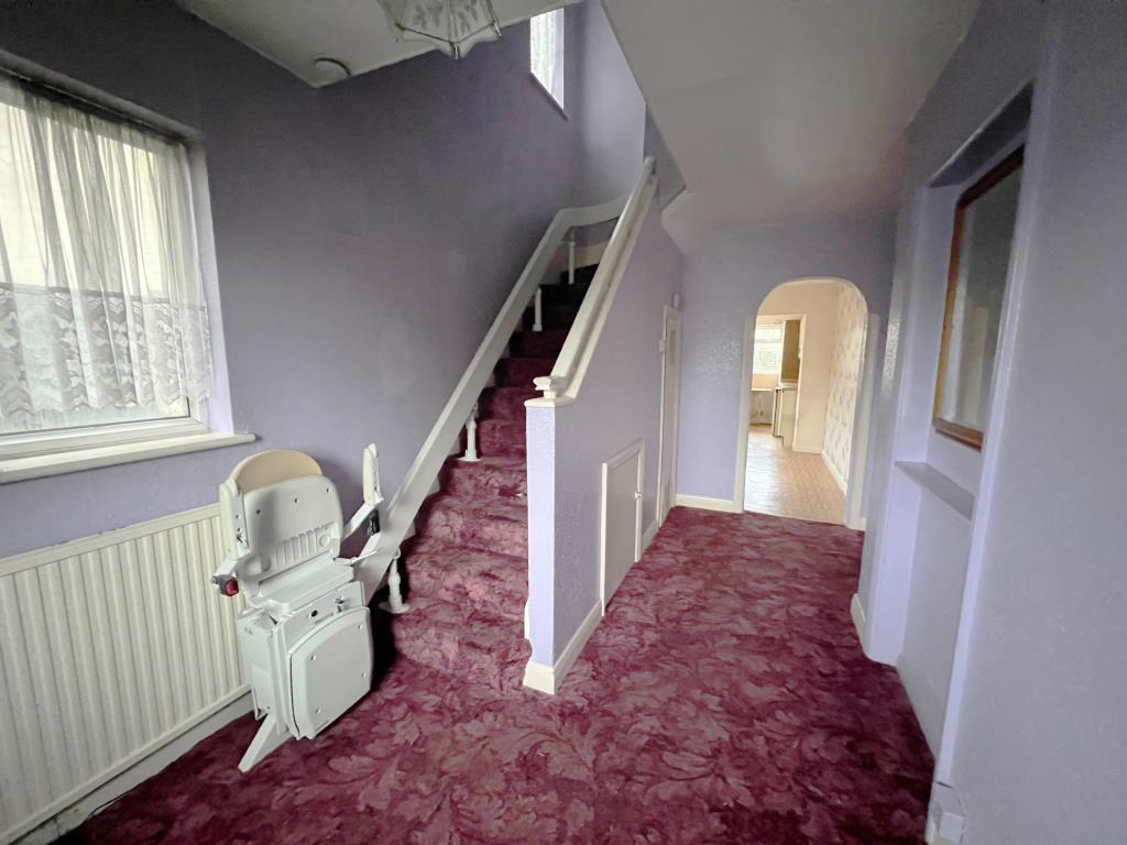 Lot: 118 - EXTENDED SEMI-DETACHED HOUSE FOR IMPROVEMENT AND REPAIR - Entrance hall with stairs to first floor